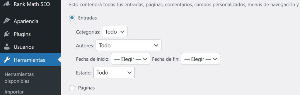 como exportar entradas en wordpress sin paginas ni otros elementos