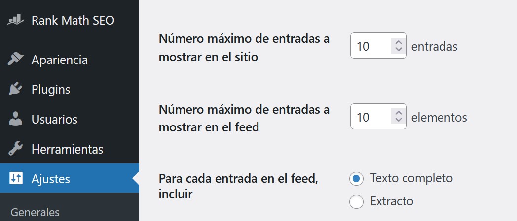 máximo de entradas por página en wordpress ejemplo